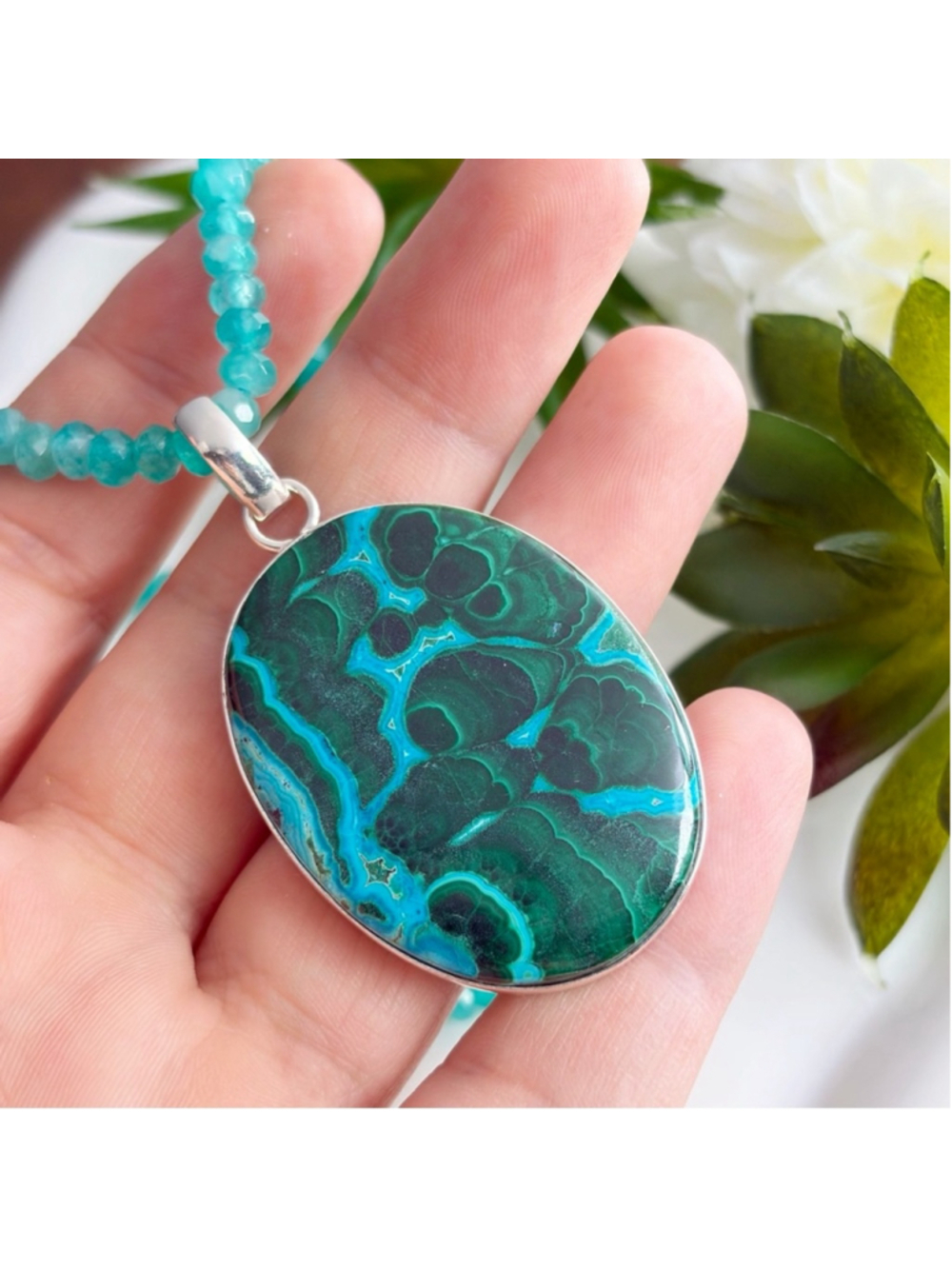 Sterling Silver 925 Large Top Quality Malachite Chrysocolla Pendant Handmade New - Picture 3 of 10